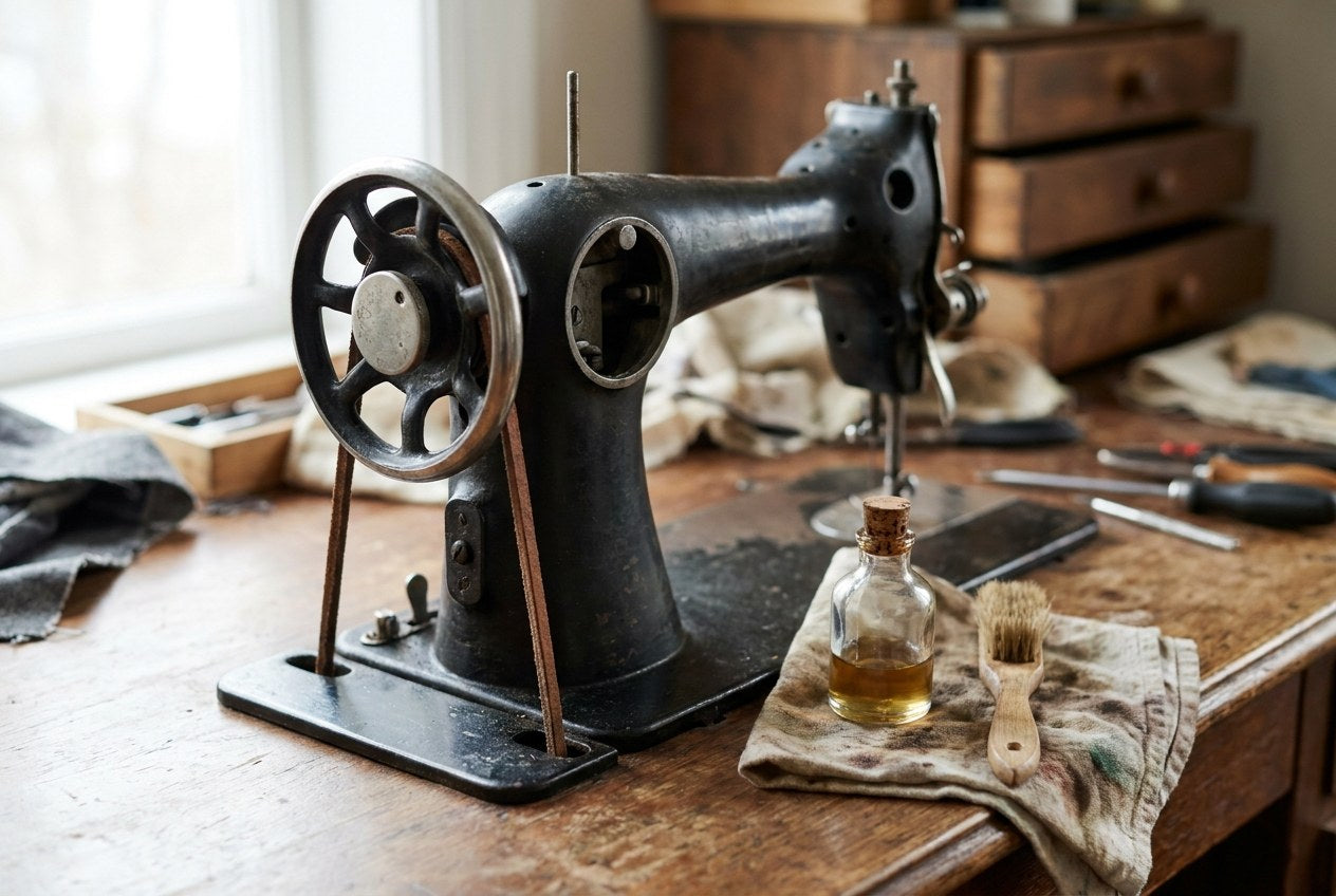 Nähmaschine mit Handrad und Antriebsriemen, Öl und Pinsel