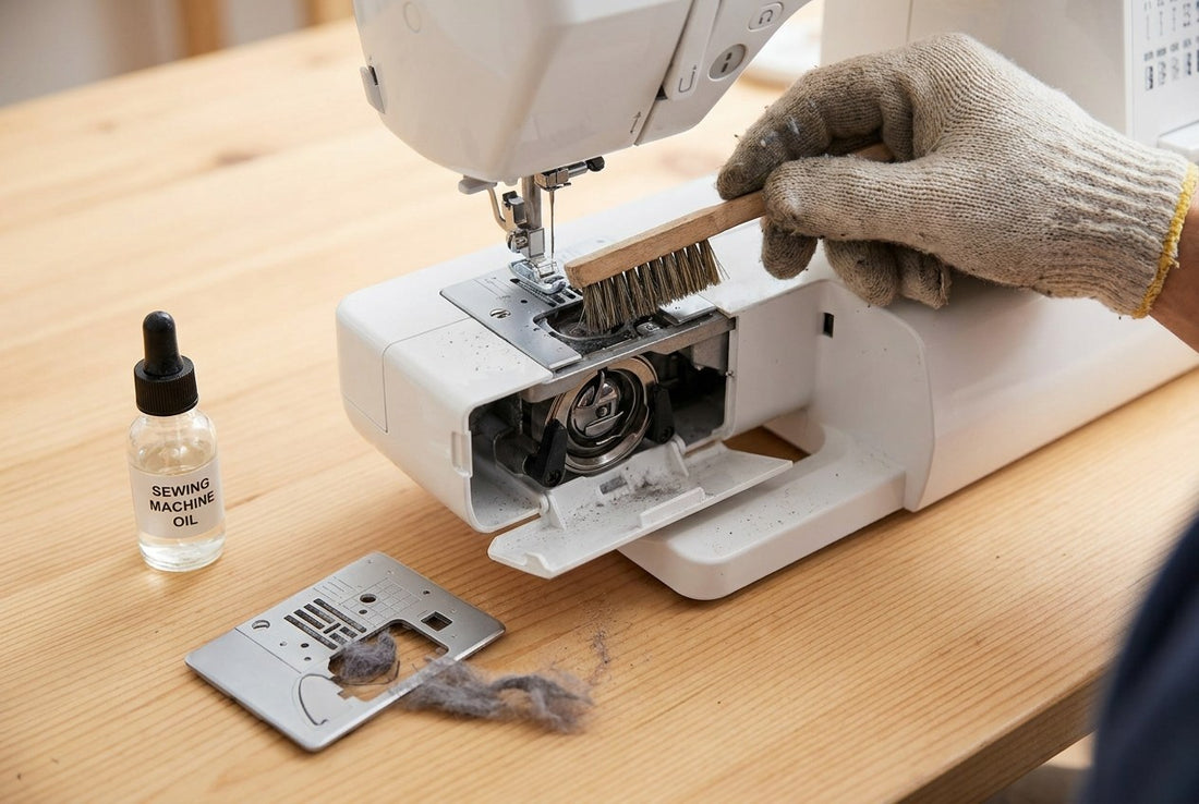Nähmaschine wird mit Pinsel gereinigt, Stichplatte und Nähmaschinenöl daneben