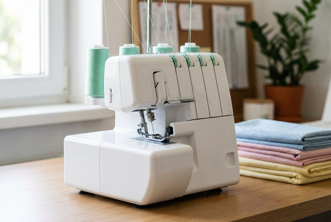 Weiße Overlock-Nähmaschine mit mintgrünen Garnkonen auf einem Nähtisch