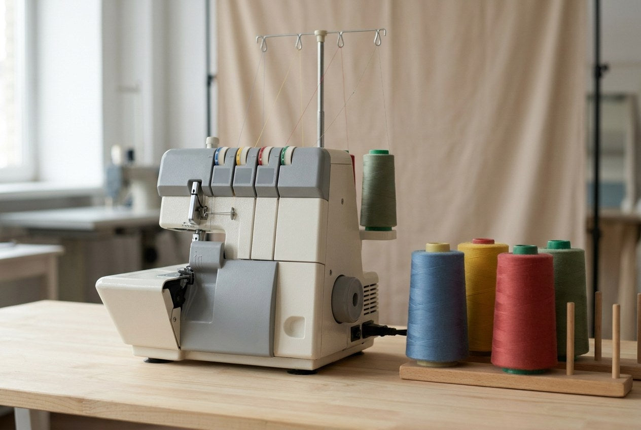 Overlock-Maschine mit Garnkonen auf einem Arbeitstisch