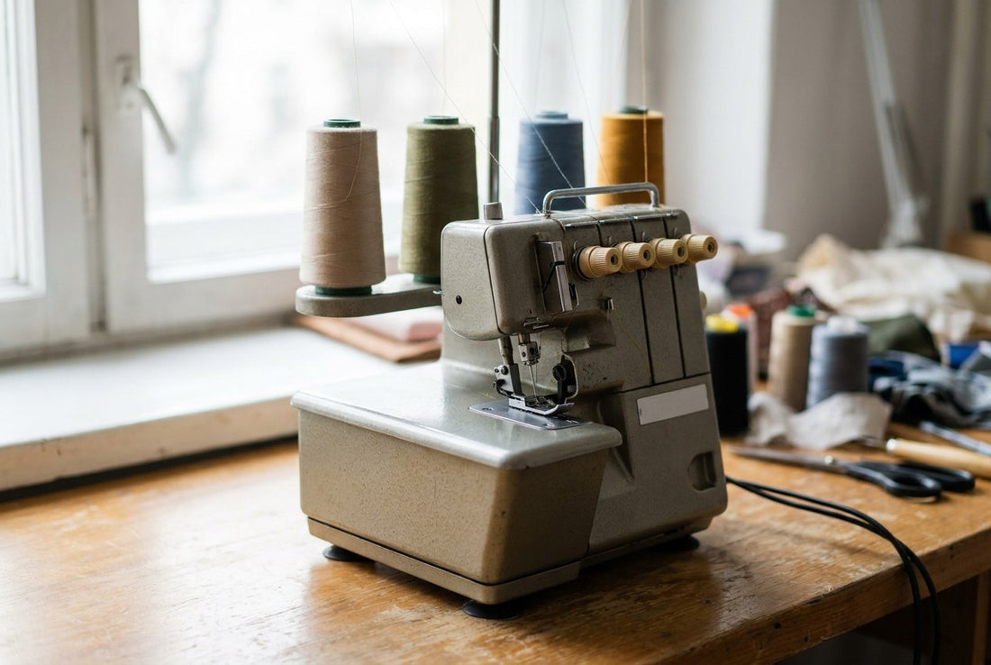 Overlock-Maschine von vorn mit Garnkonen