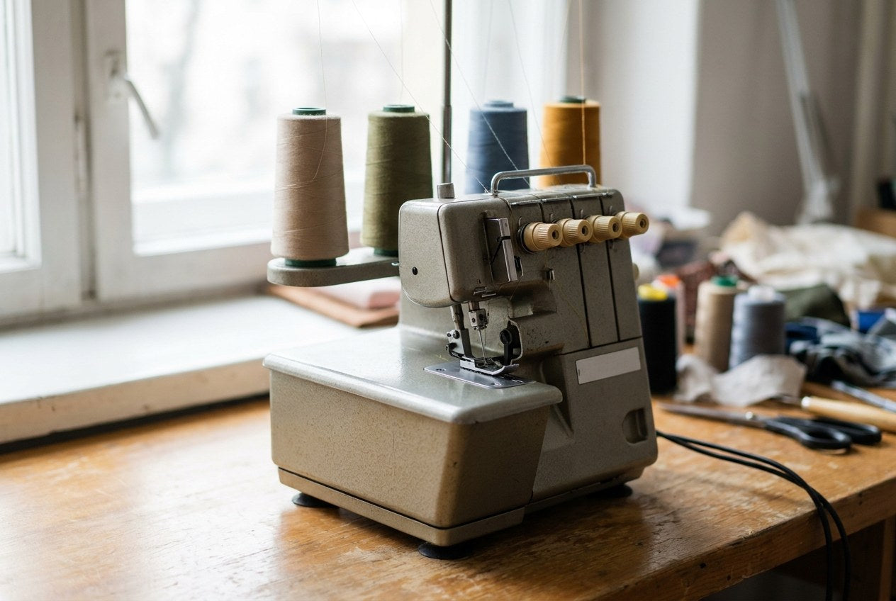 Overlock-Maschine von vorn mit Garnkonen