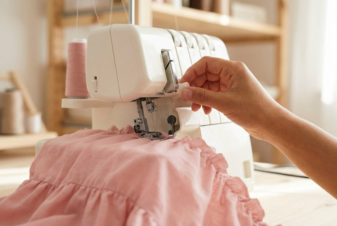 Hand stellt das Differential-Rad einer Overlock ein, gekräuselter rosa Stoff