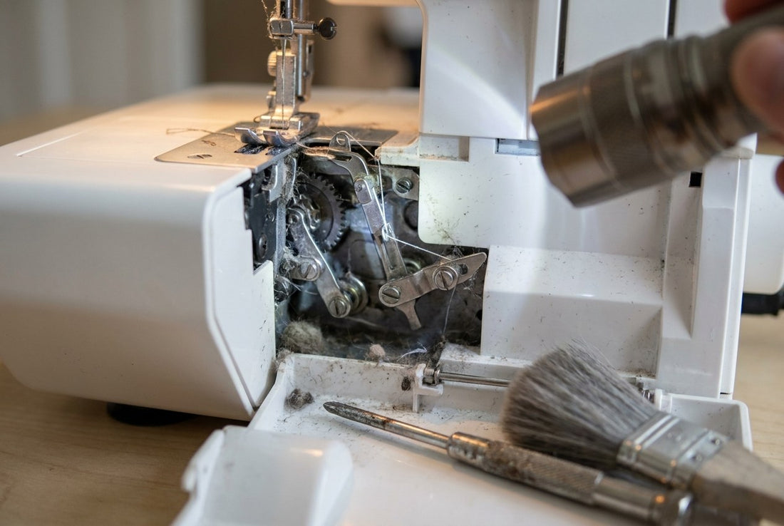 Taschenlampe leuchtet in den geöffneten, verflusten Greiferraum einer Overlock