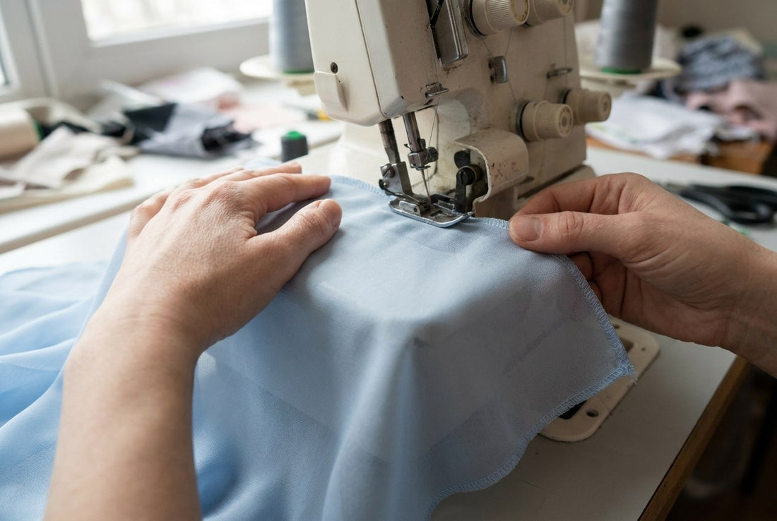 Feiner Rollsaum an hellblauem Chiffon unter dem Nähfuß einer Overlock