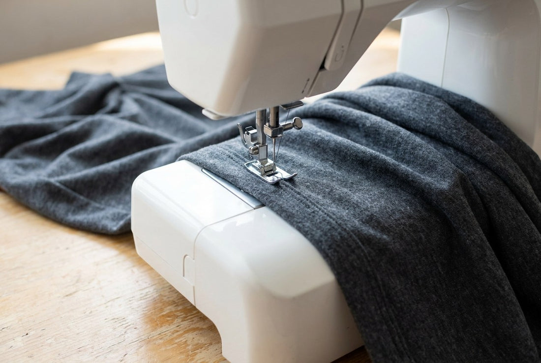 Grauer Jersey-Stoff wird auf einer Nähmaschine genäht