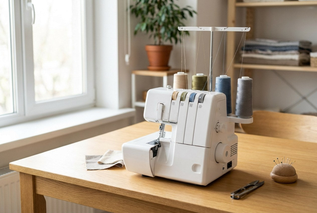 Overlock-Maschine mit Garnkonen auf einem Nähtisch