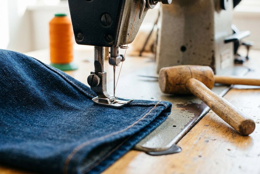 Dicker Jeans-Saum unter dem Nähfuß, daneben ein kleiner Holzhammer
