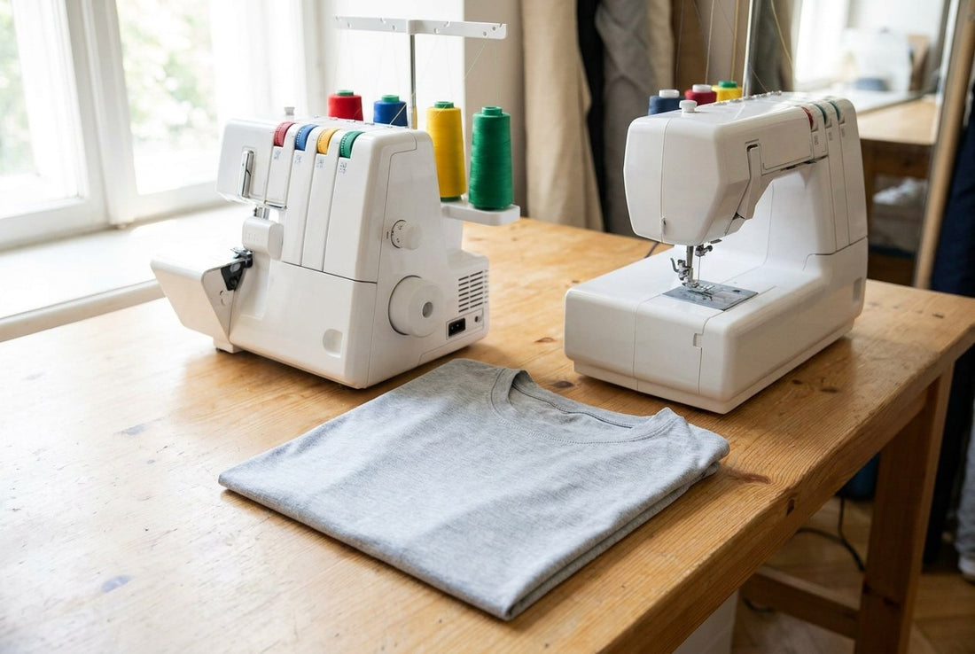 Overlock und Covermaschine nebeneinander auf einem Nähtisch, davor ein gesäumtes Jersey-Shirt