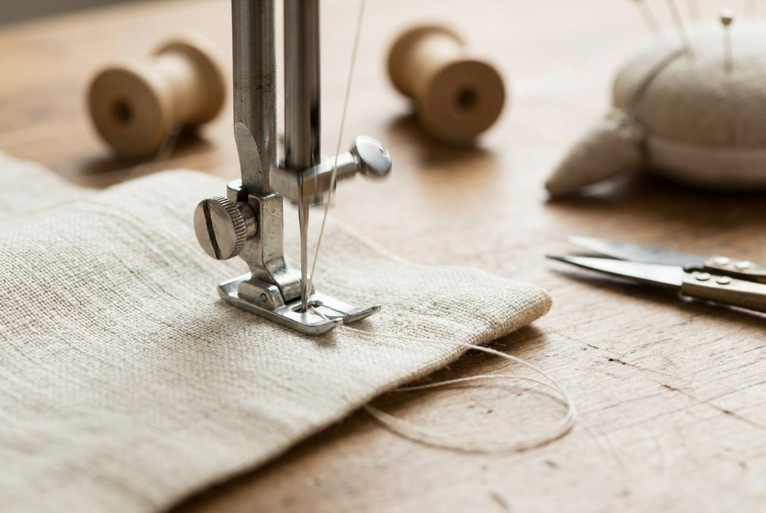Nähmaschinennadel bildet einen Stich im Stoff
