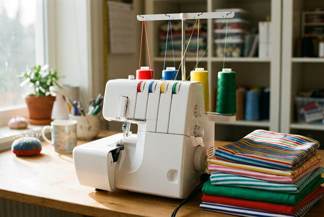 Weiße Overlock mit bunten Garnkonen und gestapelten Jersey-Stoffen