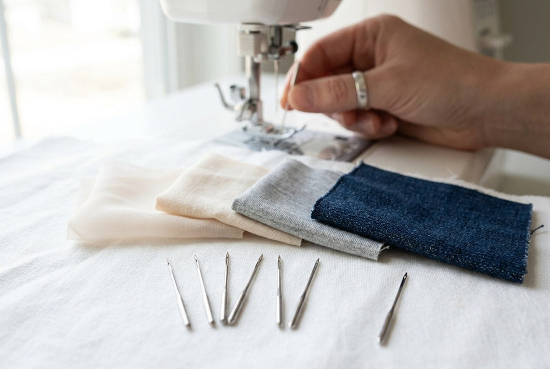 Nähmaschinennadeln in verschiedenen Stärken vor Stoffproben von Chiffon bis Jeans