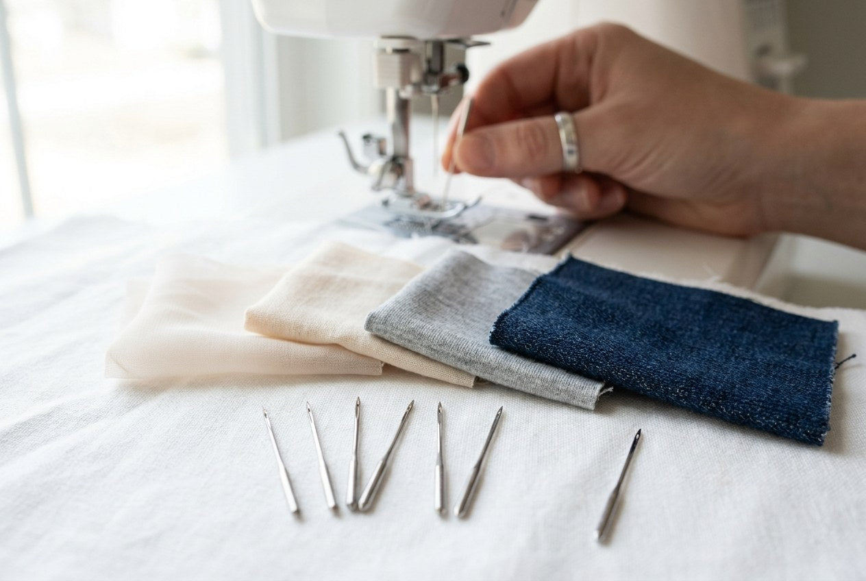 Nähmaschinennadeln in verschiedenen Stärken vor Stoffproben von Chiffon bis Jeans